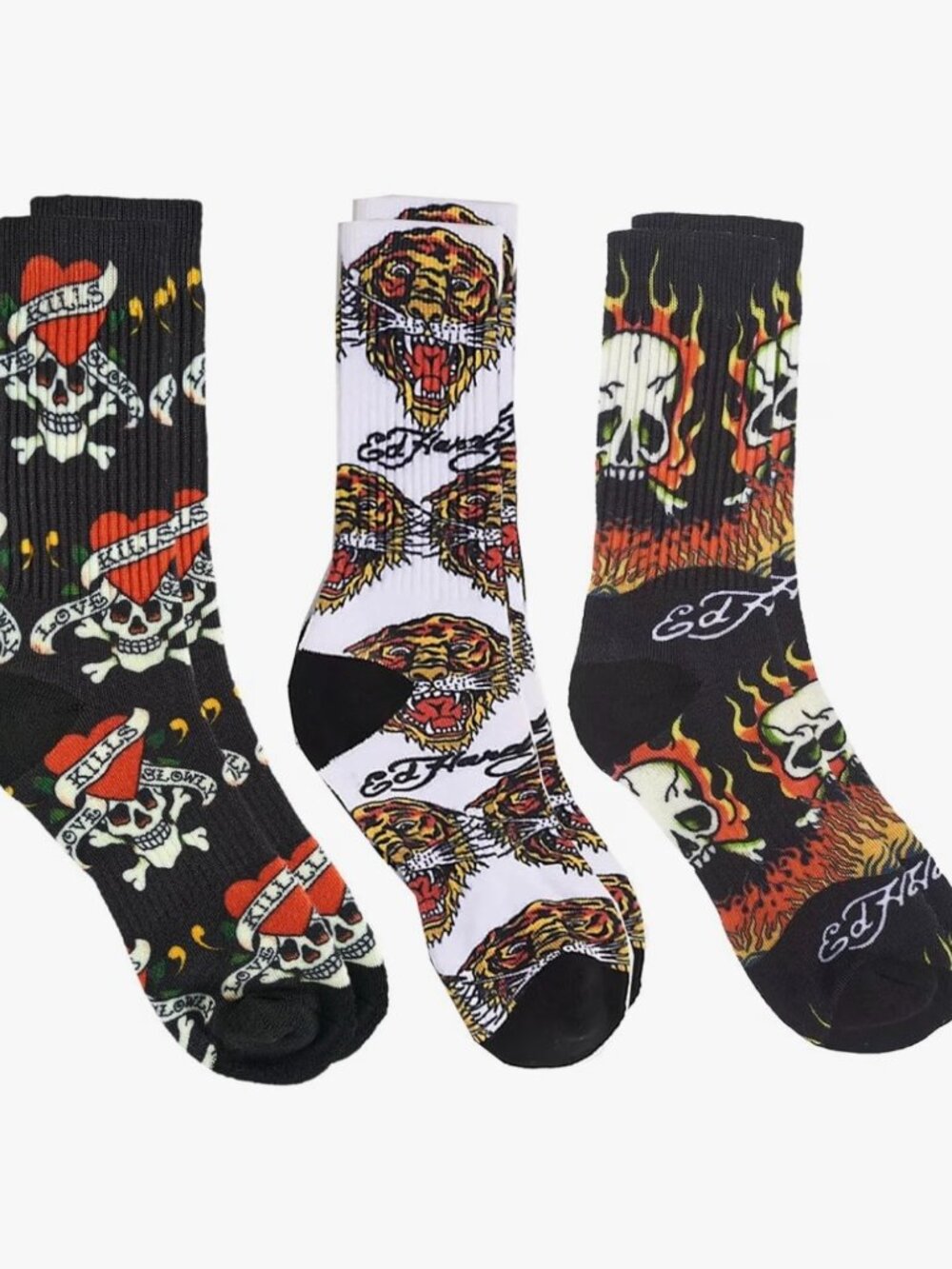 ED HARDY Tattoo Print Crew Socks 3 Pairs Mens 6-12 Womens 8-12 NEW